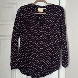 Maeve Blue Pink Polka Dot Abstract Tunic Blouse Size Small Roll Sleeve Light